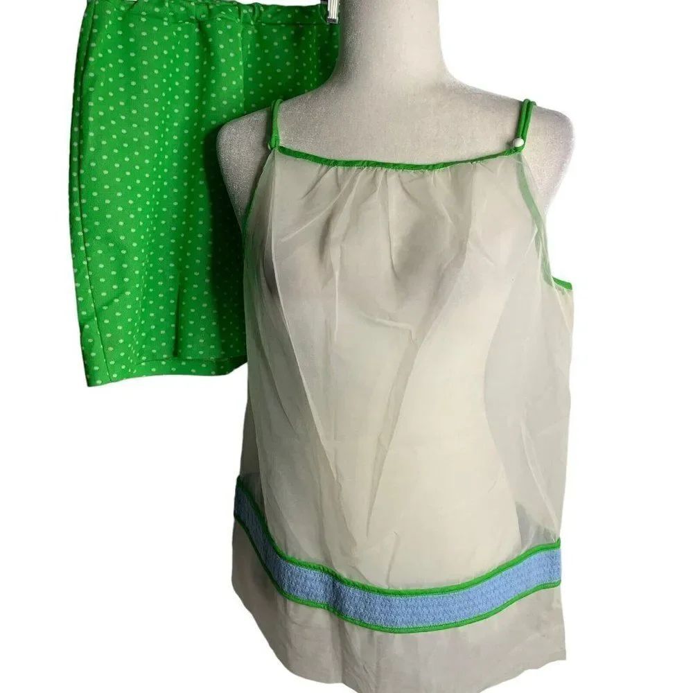 Vintage 60s Mod Handmade Tank Top Shorts Set S Green Polka Dot Sheer Tunic